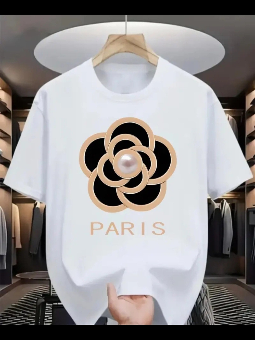 White Short Sleeve Tee with Paris Floral Pearl Graphic
